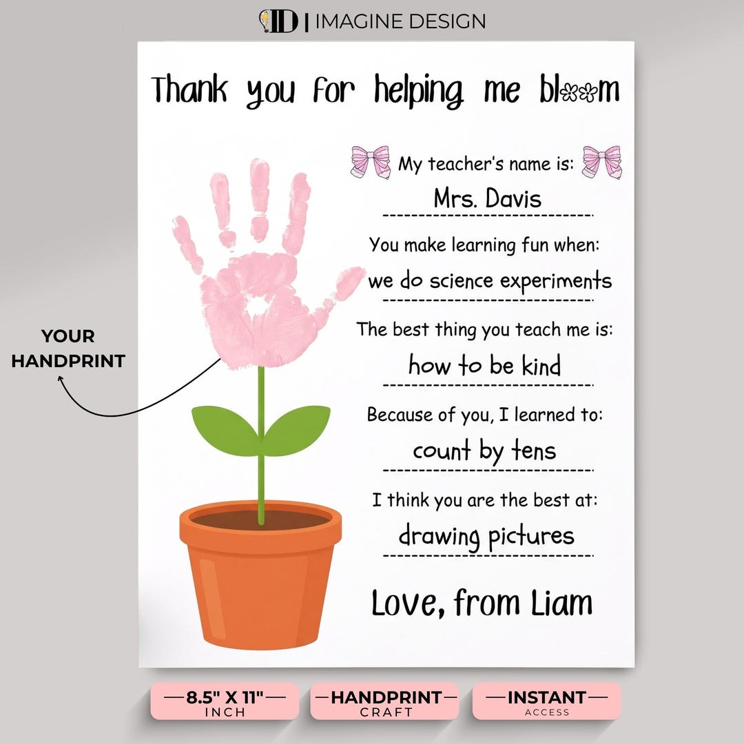 Teacher Appreciation Handprint Craft Printable, Thank You Teacher Gift ...