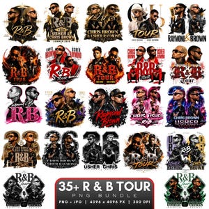 May include: A digital collection of 35 plus R and B tour graphic designs featuring portraits of Chris Brown and Usher Raymond. The images include stylized text such as R and B Tour, Raymond and Brown, and Usher, with various artistic effects like flames, city skylines, and bold typography in multiple color schemes.