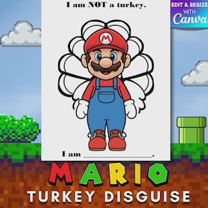 Puede incluir: Una página para colorear imprimible con un personaje de dibujos animados que lleva una gorra roja con una M, una camisa roja, un peto azul y guantes blancos, frente a un contorno de cola de pavo con el texto I am NOT a turkey.