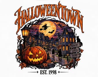 Halloweentown PNG Design, Magic Lives Here Retro T-Shirt Graphic, Vintage 98 Halloween Town Scene, Pumpkin & Witch Clipart for Apparel