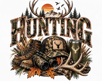 Hunting PNG, Deer Hunting Shirt Design, Camo Outdoorsman Sublimation, Sunset Mountain Buck DTF Digital Download