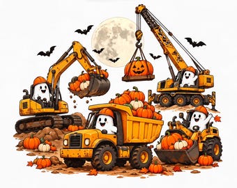Halloween Construction PNG, Ghost Truck Shirt Design, Spooky Excavator Dump Truck Crane Graphic, Boys Sublimation PNG Download