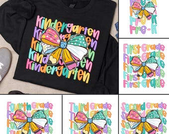 Preppy Back To School PNG Bundle , Pencil Bow School Grade Sublimation Designs, Pre-K to Fourth Grade Shirt Graphic