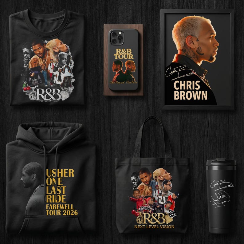 Collage displaying a 120 plus Chris Brown and Usher Raymond R&B Tour 2026 digital print bundle. Features premium digital download PNG designs including concert posters, VS graphics, vintage styles, and dual portraits. High-resolution graphics perfect for printing wall art, posters, and Chris Brown or Usher concert shirts.
