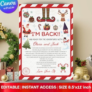 May include: A rectangular Christmas sign with a red and white striped border featuring illustrations of Santa, a reindeer, a snowman, a gift, and elf legs. The text reads I'M BACK!! AND READY FOR THE ADVENTURES WITH Olivia and Jack, plus a letter.