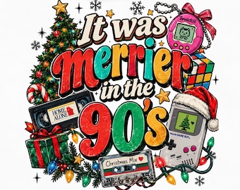 It Was Merrier in the 90s PNG, Retro Christmas Nostalgia PNG, Vintage Holiday Cassette VHS Game Design, 90s Christmas Sublimation