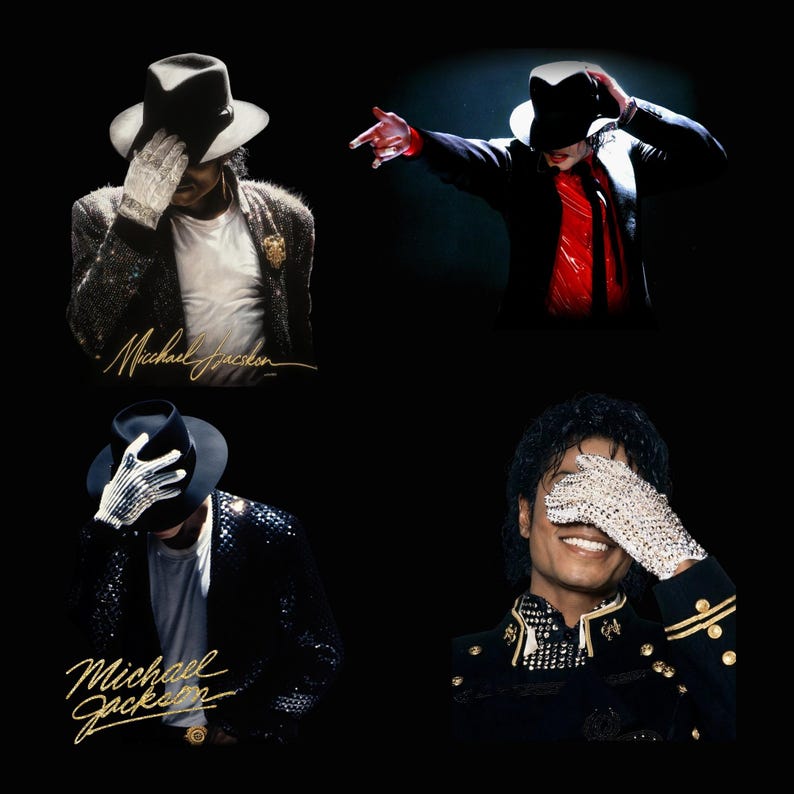 Collage displaying a 70 plus King of Pop PNG bundle featuring Michael Jackson inspired digital download designs. The graphic includes various 80s music legend sublimation files, such as retro singer portraits, iconic dance silhouettes, glittering gloves, fedora hats, and vintage music art typography. Text in the center reads 70+ Michael Jackson, 300-DPI, Print Ready, PNG Files. High-resolution MJ clipart perfect for DTG t-shirt design and crafts.