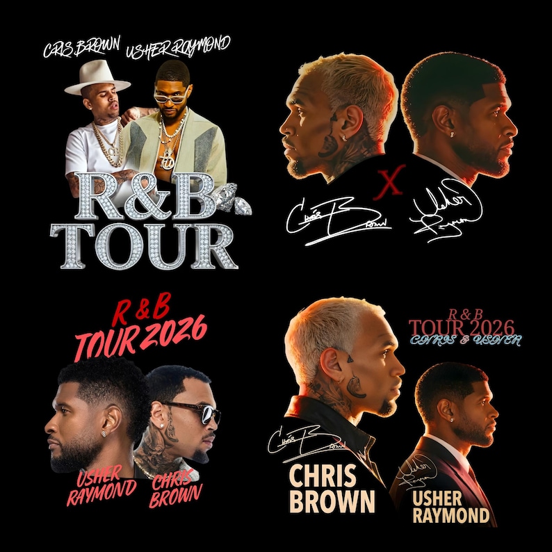 Collage displaying a 120 plus Chris Brown and Usher Raymond R&B Tour 2026 digital print bundle. Features premium digital download PNG designs including concert posters, VS graphics, vintage styles, and dual portraits. High-resolution graphics perfect for printing wall art, posters, and Chris Brown or Usher concert shirts.