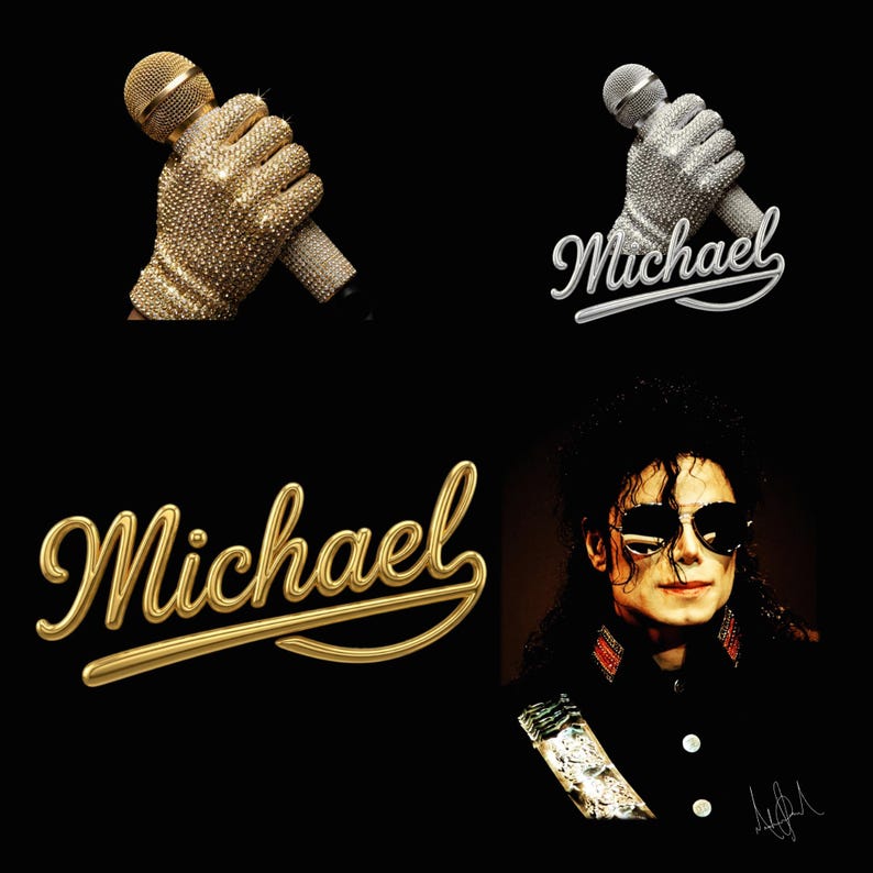 Collage displaying a 70 plus King of Pop PNG bundle featuring Michael Jackson inspired digital download designs. The graphic includes various 80s music legend sublimation files, such as retro singer portraits, iconic dance silhouettes, glittering gloves, fedora hats, and vintage music art typography. Text in the center reads 70+ Michael Jackson, 300-DPI, Print Ready, PNG Files. High-resolution MJ clipart perfect for DTG t-shirt design and crafts.
