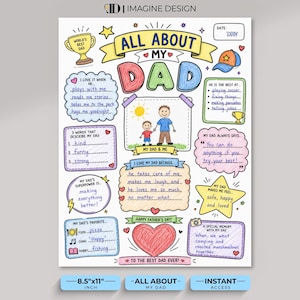 May include: A hand-drawn A4-sized printable titled "All About My Dad". The design features illustrations of a trophy, a baseball cap, and a heart, with fill-in-the-blank sections. The text includes "Happy Father's Day!" and "To the Best Dad Ever!"