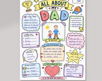 Regalo stampabile per la festa del papà / Intervista "Tutto su mio padre" / Scheda di lavoro per bambini da completare / Pagina da colorare per papà / PDF immediato