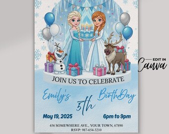 Winter Princess Birthday Invitation, Editable Template (Canva Digital)