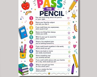 Pass the Pencil Game Printable, Back to School Classroom Icebreaker, First Day of School Activity for Students & Teachers, Kids Group Game