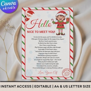 Puede incluir: Una carta rectangular con temática navideña y un borde a rayas rojas y verdes estilo bastón de caramelo. El texto dice Hello NICE TO MEET YOU seguido de un poema de un elfo. Las ilustraciones incluyen un elfo sonriente, Santa Claus y copos de nieve.