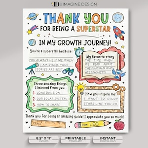 Printable space-themed teacher appreciation thank you letter template. Fill-in-the-blank worksheet for students featuring colorful doodles of planets, rockets, and school supplies. Text reads "Thank You For Being A Superstar In My Growth Journey!" Instant download 8.5x11 printabl