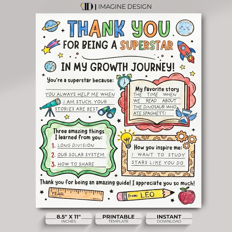 Printable space-themed teacher appreciation thank you letter template. Fill-in-the-blank worksheet for students featuring colorful doodles of planets, rockets, and school supplies. Text reads "Thank You For Being A Superstar In My Growth Journey!" Instant download 8.5x11 printabl