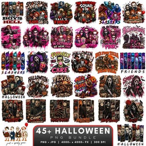 Pack de 48 PNG Halloween, motifs de sublimation inspirés des films d'horreur, clipart Halloween rétro et effrayant, téléchargement numérique PNG pour t-shirt d'horreur (slasher)