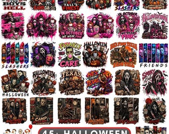 48 Halloween PNG Bundle, Horror Movie Inspired Sublimation Designs Retro Spooky Halloween Clipart, Slasher Horror Shirt PNG Digital Download