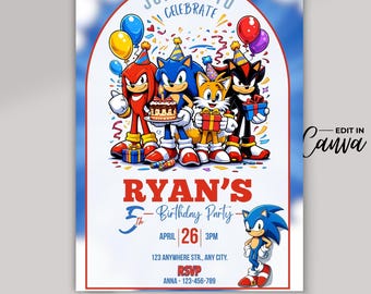 Sonic 3 Birthday Invitation, Shadow Hedgehog Party Invite, Sonic 3 Movie Kids Birthday Template, Canva Editable 5x7, Free Thank You Tag