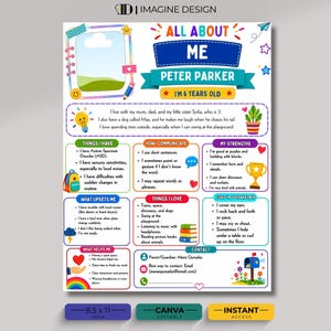 May include: A colourful 21.59 x 27.94 cm All About Me poster for Peter Parker, aged 6. The template includes sections for personal details, communication style, strengths, triggers, and contact information, decorated with icons like a trophy and mailbox.