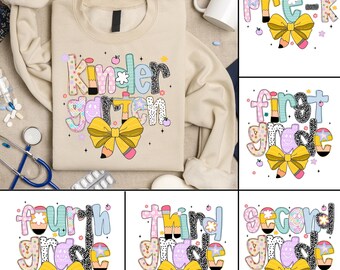 Preppy Back to School PNG Bundle, Pre-K Kindergarten 1st 2nd 3rd 4th Grade PNG, Checkered Pencil Bow Sublimation Shirt Design Clipart