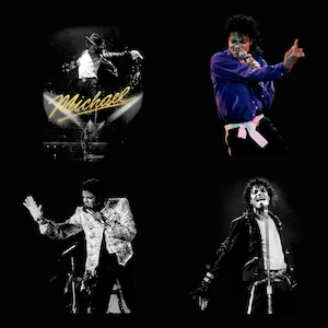 Collage displaying a 70 plus King of Pop PNG bundle featuring Michael Jackson inspired digital download designs. The graphic includes various 80s music legend sublimation files, such as retro singer portraits, iconic dance silhouettes, glittering gloves, fedora hats, and vintage music art typography. Text in the center reads 70+ Michael Jackson, 300-DPI, Print Ready, PNG Files. High-resolution MJ clipart perfect for DTG t-shirt design and crafts.