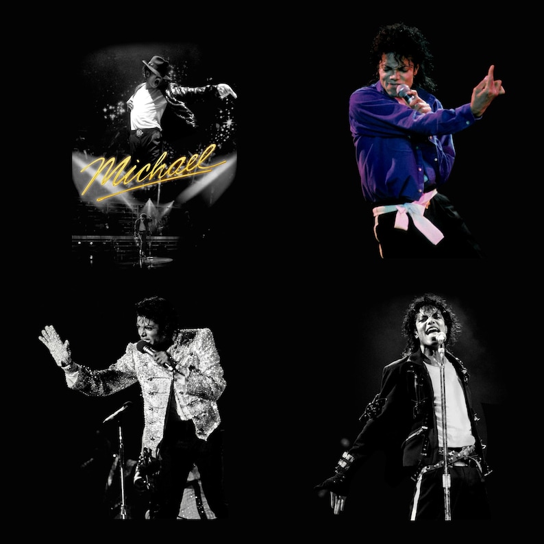 Collage displaying a 70 plus King of Pop PNG bundle featuring Michael Jackson inspired digital download designs. The graphic includes various 80s music legend sublimation files, such as retro singer portraits, iconic dance silhouettes, glittering gloves, fedora hats, and vintage music art typography. Text in the center reads 70+ Michael Jackson, 300-DPI, Print Ready, PNG Files. High-resolution MJ clipart perfect for DTG t-shirt design and crafts.