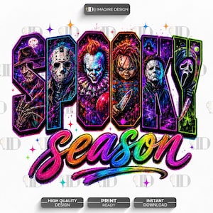 Puede incluir: Un diseño gráfico con el texto SPOOKY SEASON en colores arcoíris vibrantes. Las letras contienen ilustraciones de personajes de películas de terror, incluyendo a Freddy Krueger, Jason Voorhees, Pennywise, Chucky, Michael Myers y Ghostface.