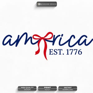 May include: A graphic design featuring the word "america" in a dark blue cursive font, with a bright red ribbon bow replacing the letter "e". Below the word, the text "EST. 1776" appears in a dark blue serif font on a plain white background.