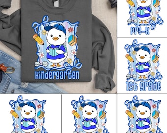 Coquette Cute Duck Back To School PNG Bundle, Preppy Blue Bow Duck Sublimation Design, First Day Of School Pre-K To 5th Grade PNG