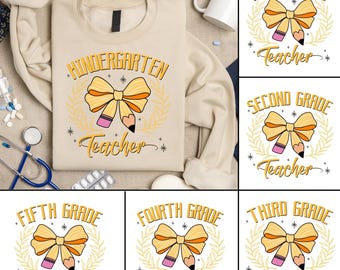 Coquette Pencil Bow Teacher PNG Bundle, Retro Kindergarten 1st 2nd 3rd 4th 5th Grade Sublimation Design, Back To School Shirt Clipart