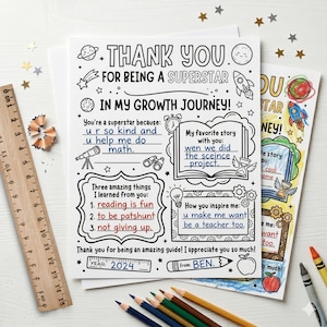 Printable space-themed teacher appreciation thank you letter template. Fill-in-the-blank worksheet for students featuring colorful doodles of planets, rockets, and school supplies. Text reads "Thank You For Being A Superstar In My Growth Journey!" Instant download 8.5x11 printabl