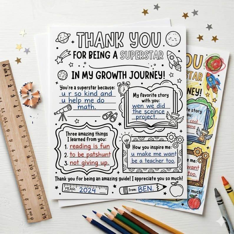 Printable space-themed teacher appreciation thank you letter template. Fill-in-the-blank worksheet for students featuring colorful doodles of planets, rockets, and school supplies. Text reads "Thank You For Being A Superstar In My Growth Journey!" Instant download 8.5x11 printabl