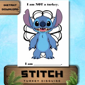 Stitch Disguise a Turkey Printable, Thanksgiving Turkey in Disguise Craft, Kids Classroom Activity, Preschool Turkey Template PDF