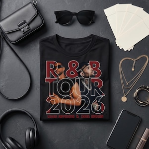 Collage displaying a 120 plus Chris Brown and Usher Raymond R&B Tour 2026 digital print bundle. Features premium digital download PNG designs including concert posters, VS graphics, vintage styles, and dual portraits. High-resolution graphics perfect for printing wall art, posters, and Chris Brown or Usher concert shirts.