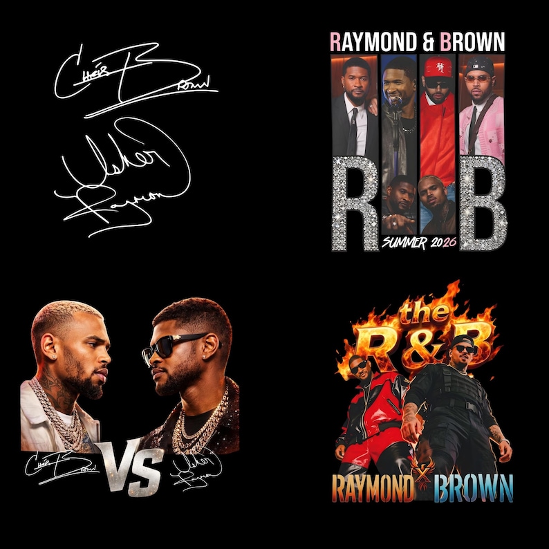 Collage displaying a 120 plus Chris Brown and Usher Raymond R&B Tour 2026 digital print bundle. Features premium digital download PNG designs including concert posters, VS graphics, vintage styles, and dual portraits. High-resolution graphics perfect for printing wall art, posters, and Chris Brown or Usher concert shirts.