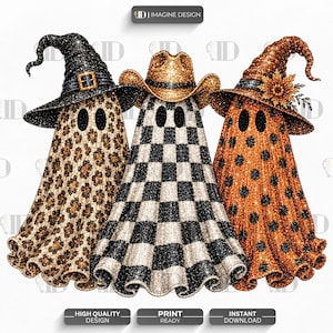 May include: Three ghost figures with black oval eyes. The left ghost wears a black glittery witch hat and leopard print body. The center ghost wears a gold glittery cowboy hat and black and white checkered body. The right ghost wears an orange glittery witch hat with a sunflower and orange polka dot body.