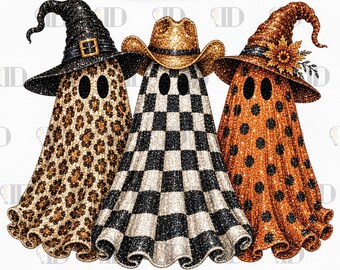 Glitter Retro Ghost PNG, Western Halloween Sublimation Design, Checkered Leopard Patchwork Ghost Trio PNG, Trendy Fall Shirt Graphic