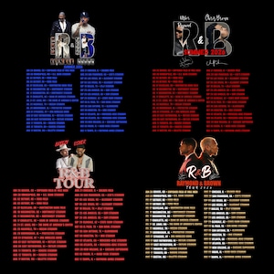 Collage displaying a 120 plus Chris Brown and Usher Raymond R&B Tour 2026 digital print bundle. Features premium digital download PNG designs including concert posters, VS graphics, vintage styles, and dual portraits. High-resolution graphics perfect for printing wall art, posters, and Chris Brown or Usher concert shirts.