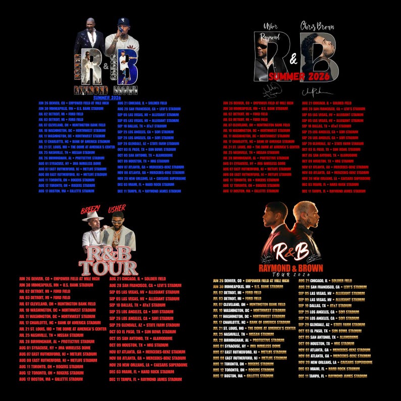 Collage displaying a 120 plus Chris Brown and Usher Raymond R&B Tour 2026 digital print bundle. Features premium digital download PNG designs including concert posters, VS graphics, vintage styles, and dual portraits. High-resolution graphics perfect for printing wall art, posters, and Chris Brown or Usher concert shirts.