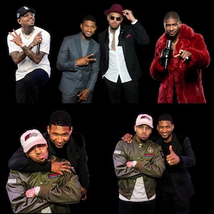 Collage displaying a 120 plus Chris Brown and Usher Raymond R&B Tour 2026 digital print bundle. Features premium digital download PNG designs including concert posters, VS graphics, vintage styles, and dual portraits. High-resolution graphics perfect for printing wall art, posters, and Chris Brown or Usher concert shirts.