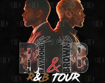 May include: A promotional poster featuring two men in profile, with the text "R&B TOUR." The poster has a black background with the names "Raymond" and "Brown" vertically on either side of a red ampersand. The bottom of the poster reads "R&B TOUR."