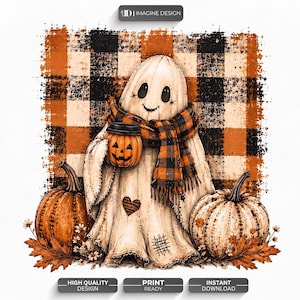 May include: A digital illustration of a ghost wearing an orange and black plaid scarf, holding a small jack-o'-lantern. The ghost is positioned in front of a plaid background with two large pumpkins and autumn leaves at the base of the image.