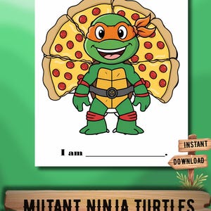 Może przedstawiać: Biały wydruk z kreskówkowym żółwiem w przebraniu pizzy, z tekstem "I am NOT a turkey." i "I am". Na dole obrazu widnieje napis "MUTANT NINJA TURTLES TURKEY DISGUISE".