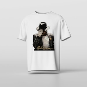 Collage displaying a 70 plus King of Pop PNG bundle featuring Michael Jackson inspired digital download designs. The graphic includes various 80s music legend sublimation files, such as retro singer portraits, iconic dance silhouettes, glittering gloves, fedora hats, and vintage music art typography. Text in the center reads 70+ Michael Jackson, 300-DPI, Print Ready, PNG Files. High-resolution MJ clipart perfect for DTG t-shirt design and crafts.