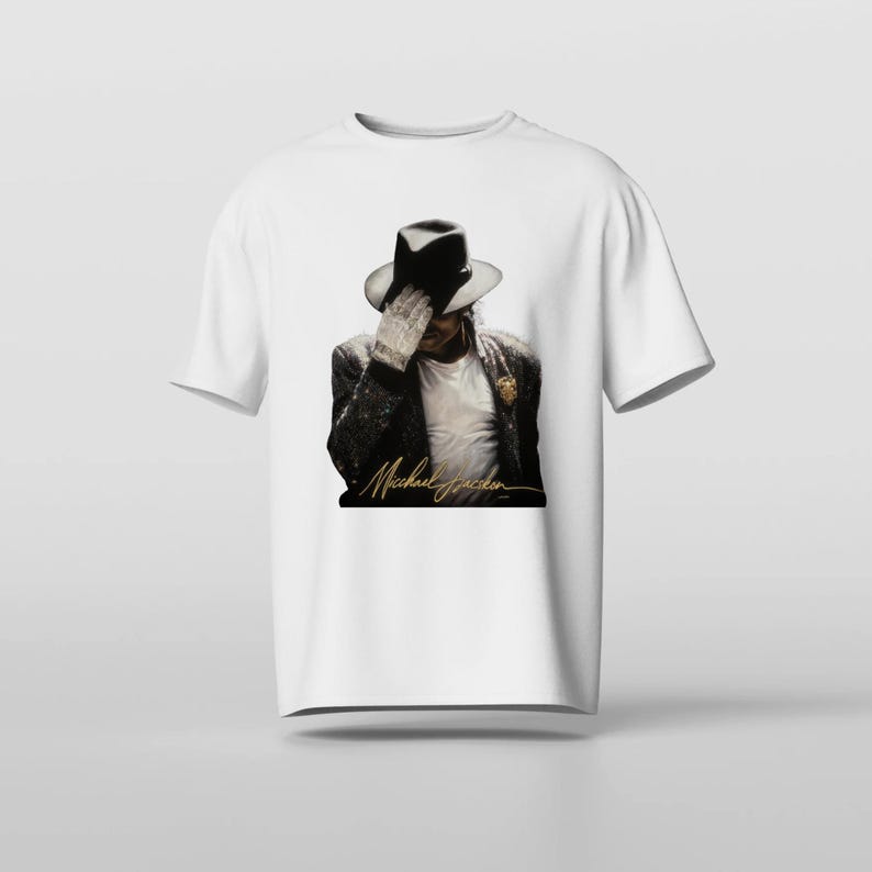 Collage displaying a 70 plus King of Pop PNG bundle featuring Michael Jackson inspired digital download designs. The graphic includes various 80s music legend sublimation files, such as retro singer portraits, iconic dance silhouettes, glittering gloves, fedora hats, and vintage music art typography. Text in the center reads 70+ Michael Jackson, 300-DPI, Print Ready, PNG Files. High-resolution MJ clipart perfect for DTG t-shirt design and crafts.