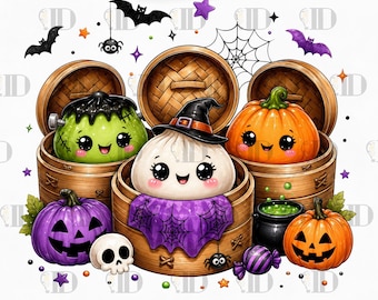 Glitter Kawaii Halloween Dumpling PNG, Spooky Food Clipart, Cute Witch Pumpkin Bao Sublimation Graphic, Fall Dim Sum DTF