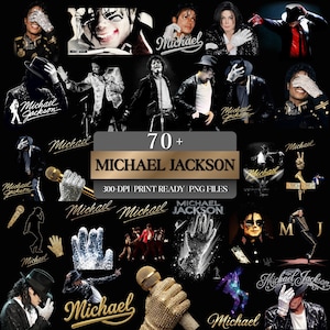 Collage displaying a 70 plus King of Pop PNG bundle featuring Michael Jackson inspired digital download designs. The graphic includes various 80s music legend sublimation files, such as retro singer portraits, iconic dance silhouettes, glittering gloves, fedora hats, and vintage music art typography. Text in the center reads 70+ Michael Jackson, 300-DPI, Print Ready, PNG Files. High-resolution MJ clipart perfect for DTG t-shirt design and crafts.