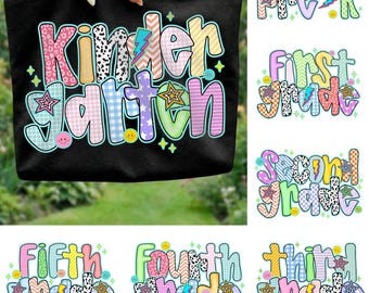 Preppy Back To School PNG Bundle, Retro Groovy School Grade Sublimation Design, Kindergarten First Day Shirt Graphic