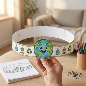 May include: A paper crown with a smiling Earth graphic at the center, surrounded by water drops, plants, and recycling symbols. The crown is held up, with a stack of similar designs below. The design is in blue, green, and tan.